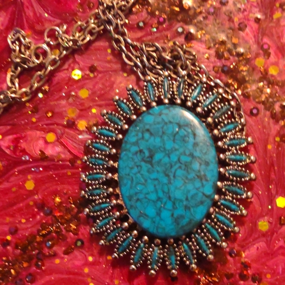 Vintage faux turquoise and silver necklace signed on the back - Picture 2 of 2